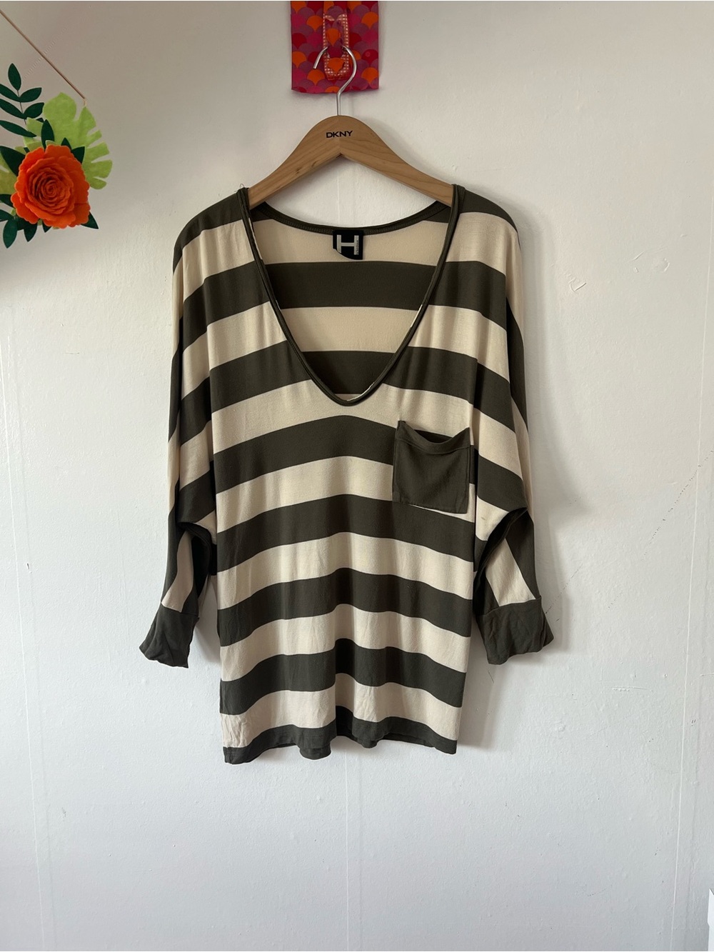 H by bordeaux Olive and Cream Striped V-Neck Long Sleeve Top